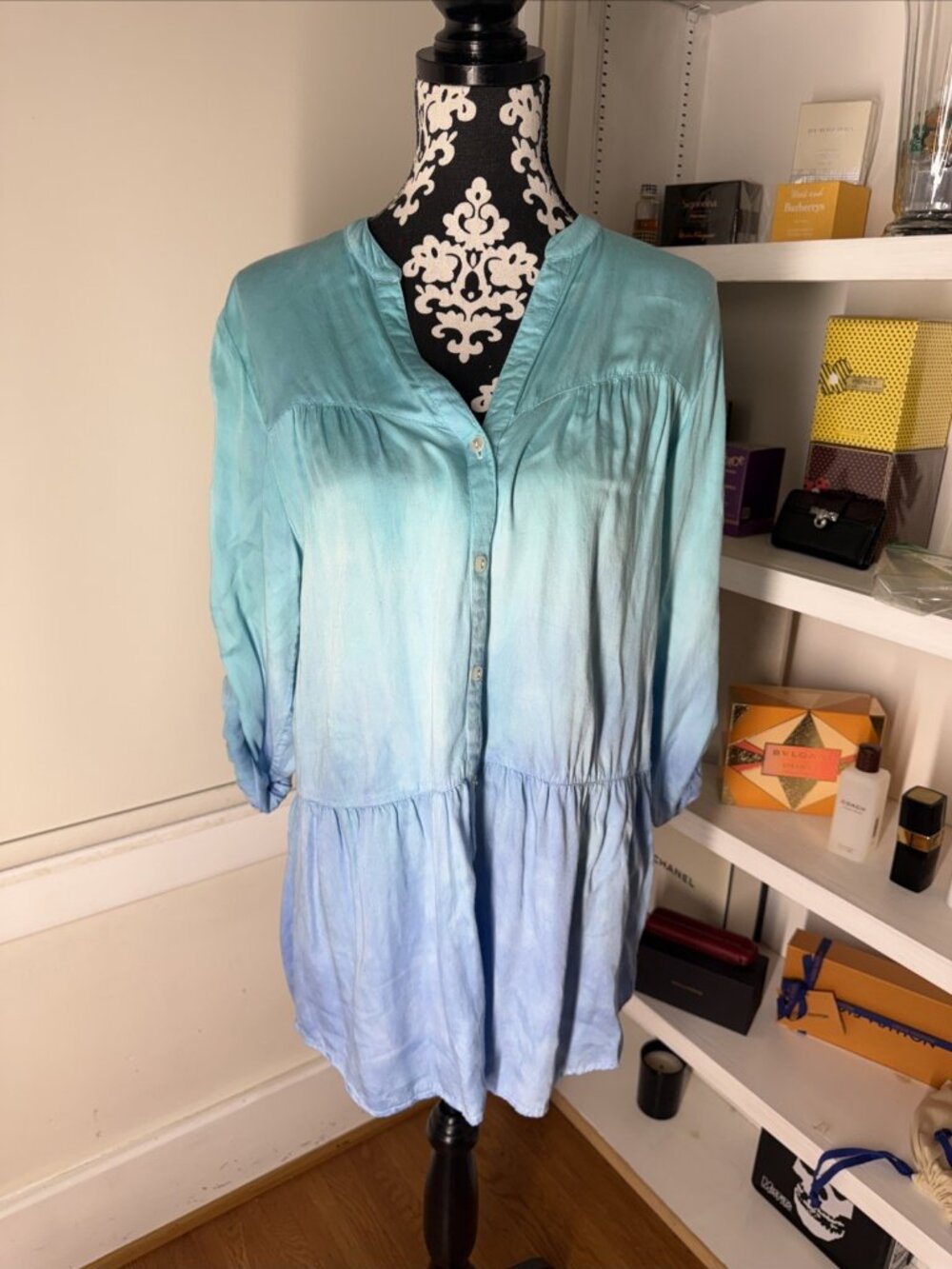 Womens J.Peterman 1/2 Button Front Top Dress Hombre  Size 14 Long  Sleeve Light